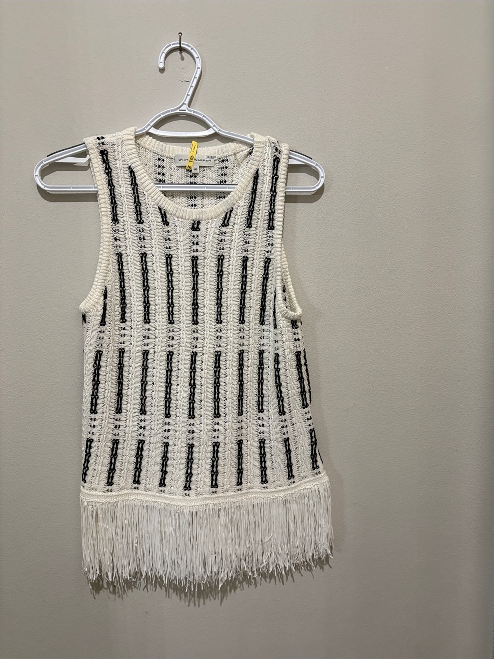 White + Warren Women's Cream Knit Fringe Tank Top with Black Stripe Detail